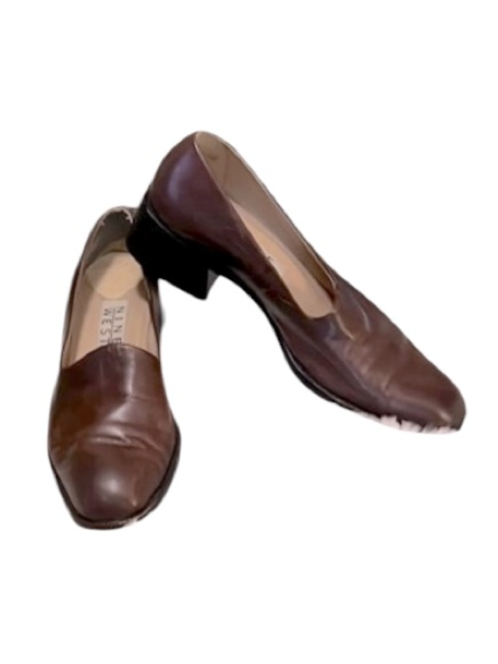 Nine West Women’s Vintage Brown Leather Block Heel Slip On Heeled Loafers Sz 6